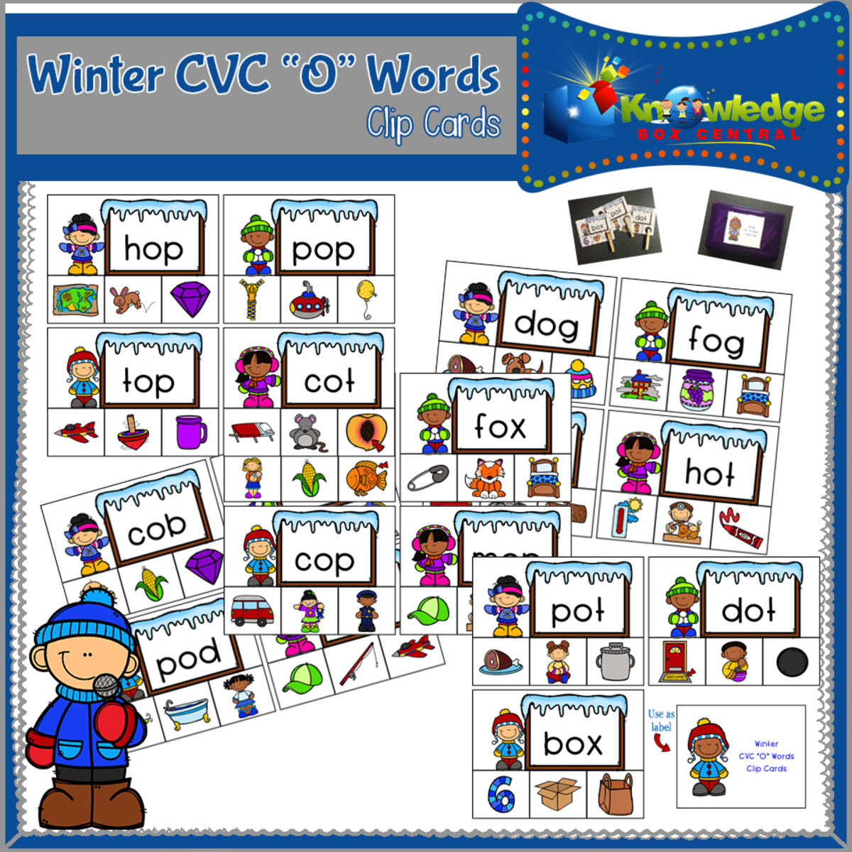 An educational teaching resource from Knowledge Box Central entitled Winter CVC "O" Words Clip Cards - EBOOK downloadable at Teach Simple.
