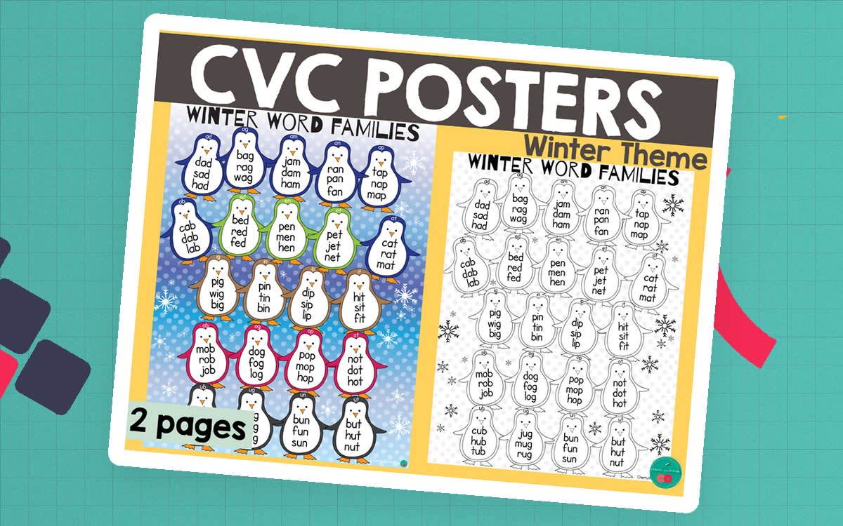 An educational teaching resource from Cherry Workshop entitled Winter CVC Posters downloadable at Teach Simple.