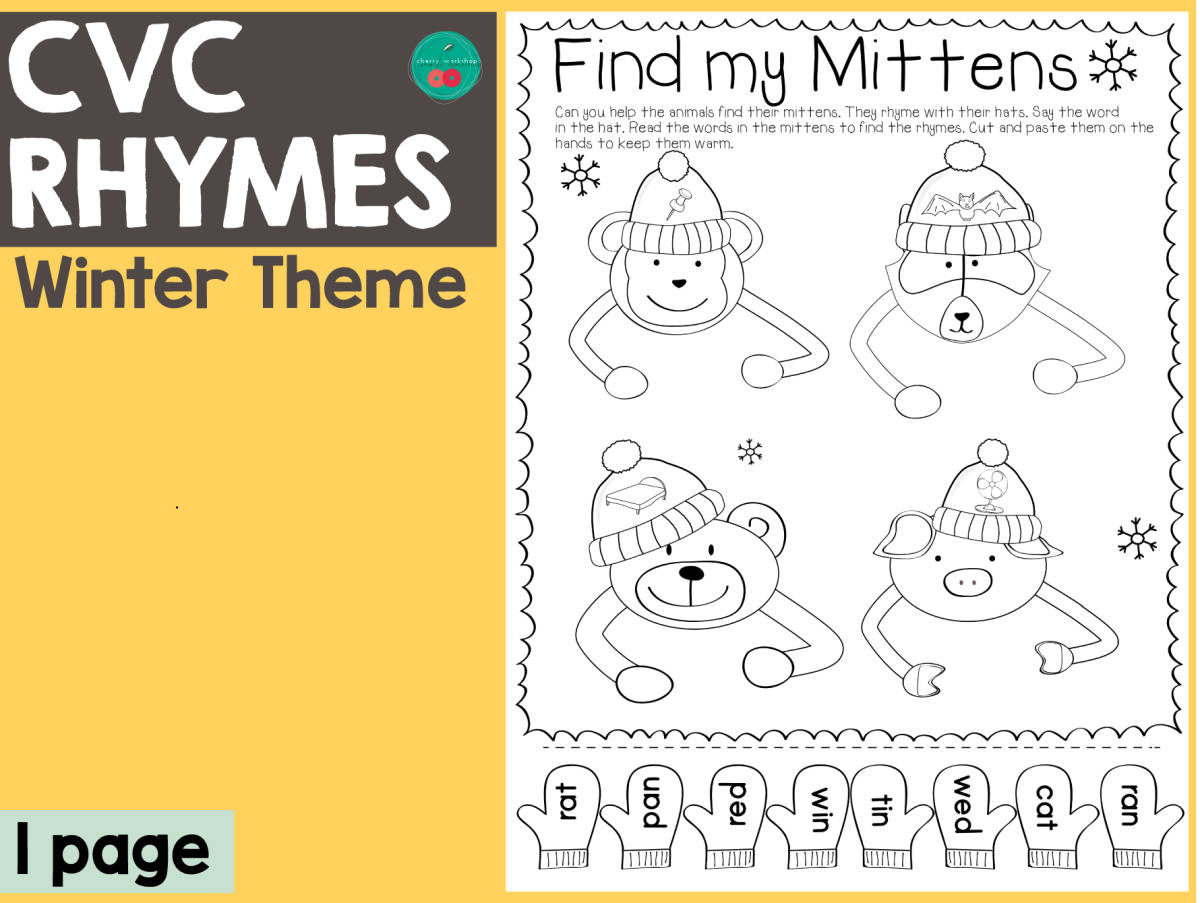 An educational teaching resource from Cherry Workshop entitled Winter CVC Rhymes downloadable at Teach Simple.