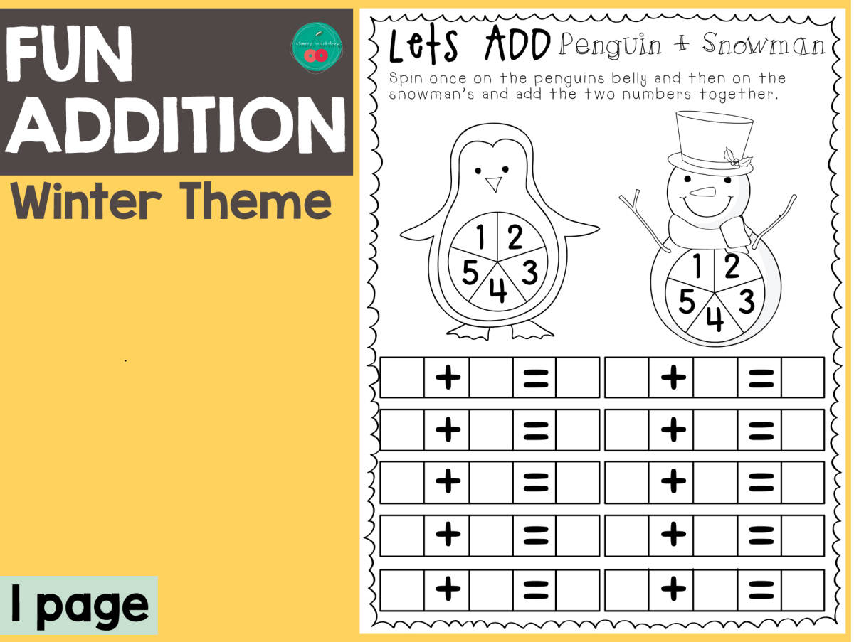 An educational teaching resource from Cherry Workshop entitled Winter Fun Addition (1-5) downloadable at Teach Simple.