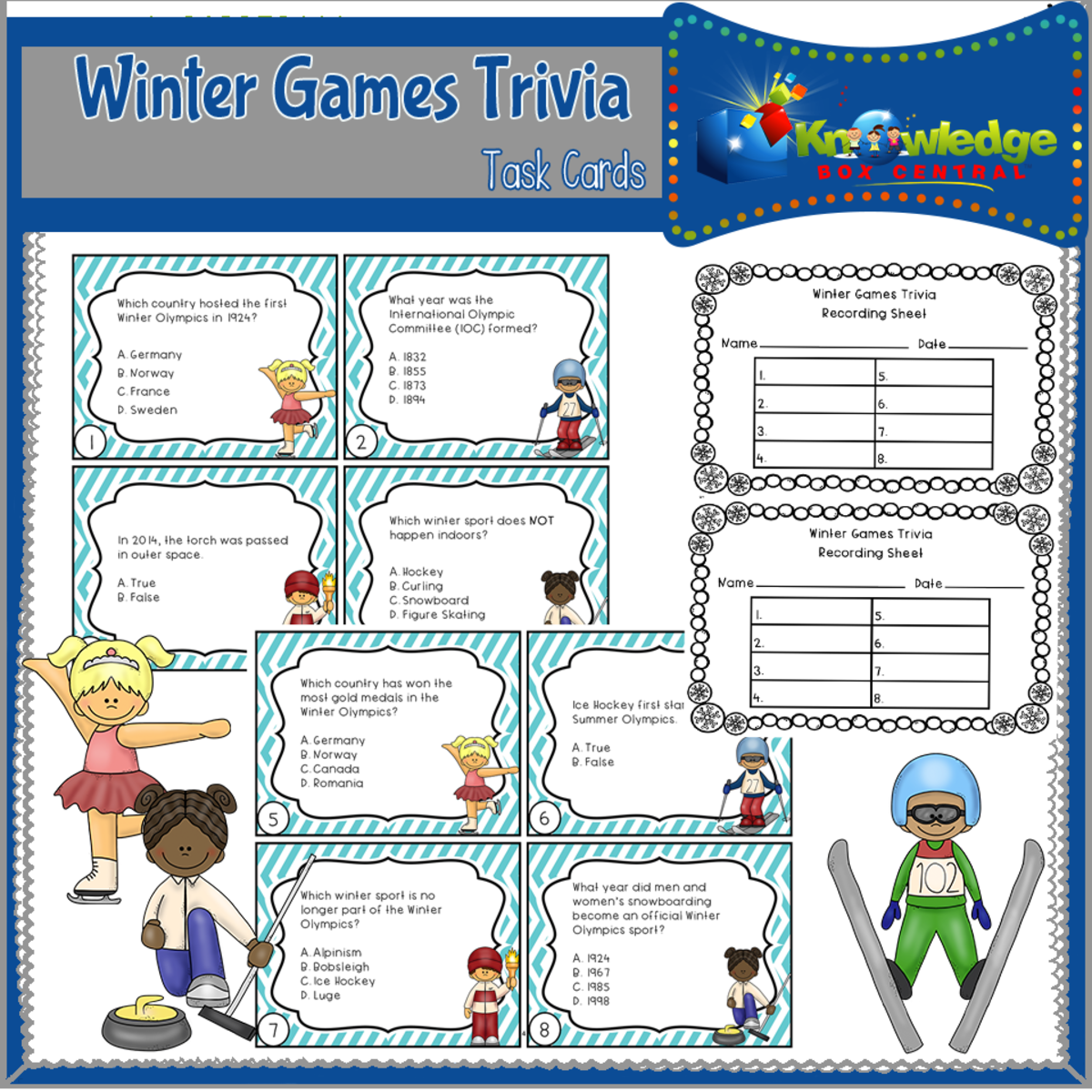 An educational teaching resource from Knowledge Box Central entitled Winter Games Trivia Task Cards - EBOOK downloadable at Teach Simple.