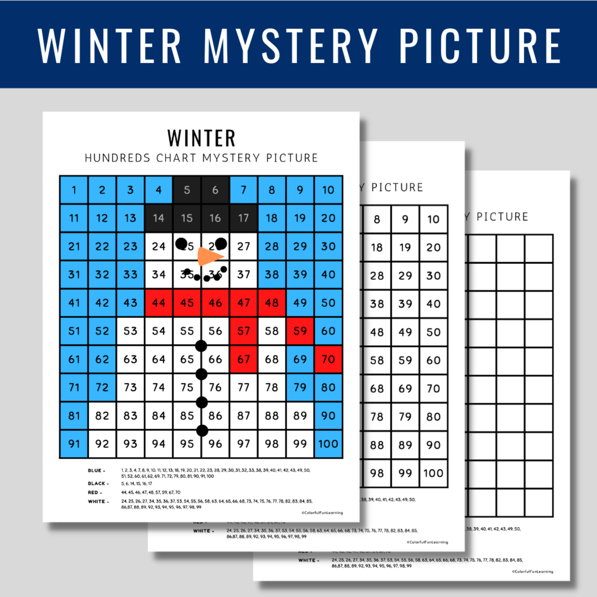 An educational teaching resource from Colorful Fun Learning entitled Winter Hundreds Chart, Mystery Picture, 100s Chart Color By Number downloadable at Teach Simple.