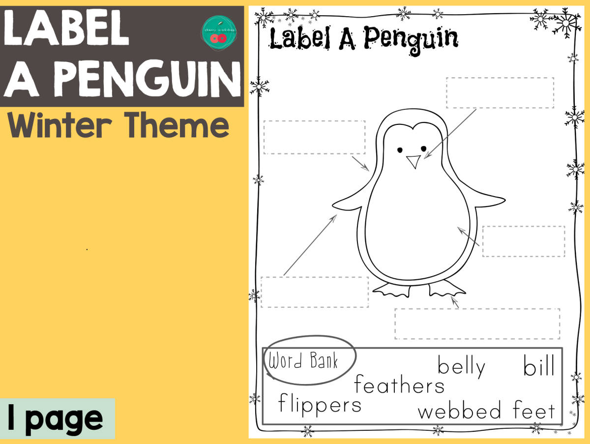 An educational teaching resource from Cherry Workshop entitled Winter Label A Penguin downloadable at Teach Simple.