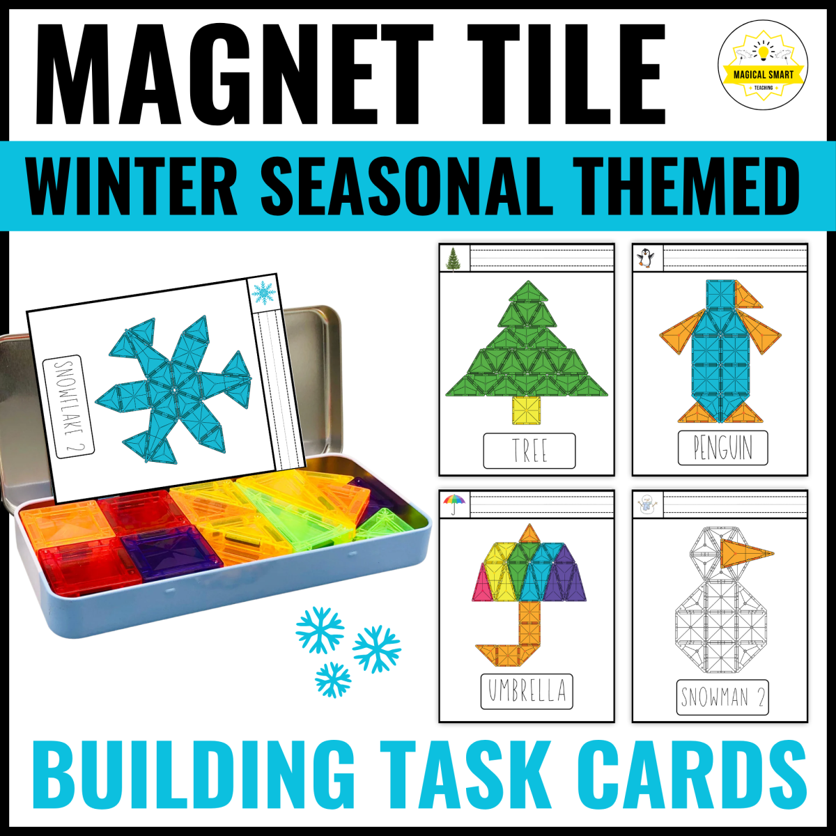 An educational teaching resource from Magical smart teaching entitled Winter Magnetic Magnet Tile Task Cards Printables Build | Fine Motor downloadable at Teach Simple.