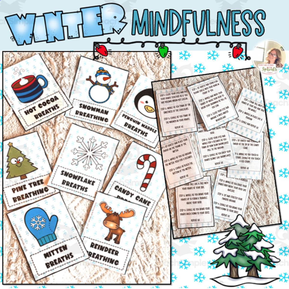 An educational teaching resource from Socializing with Sprouts entitled Winter Mindful Breathing Exercises | Winter Mindfulness | Transition Tools | Coping Skills for Kids | Coping Strategies downloadable at Teach Simple.