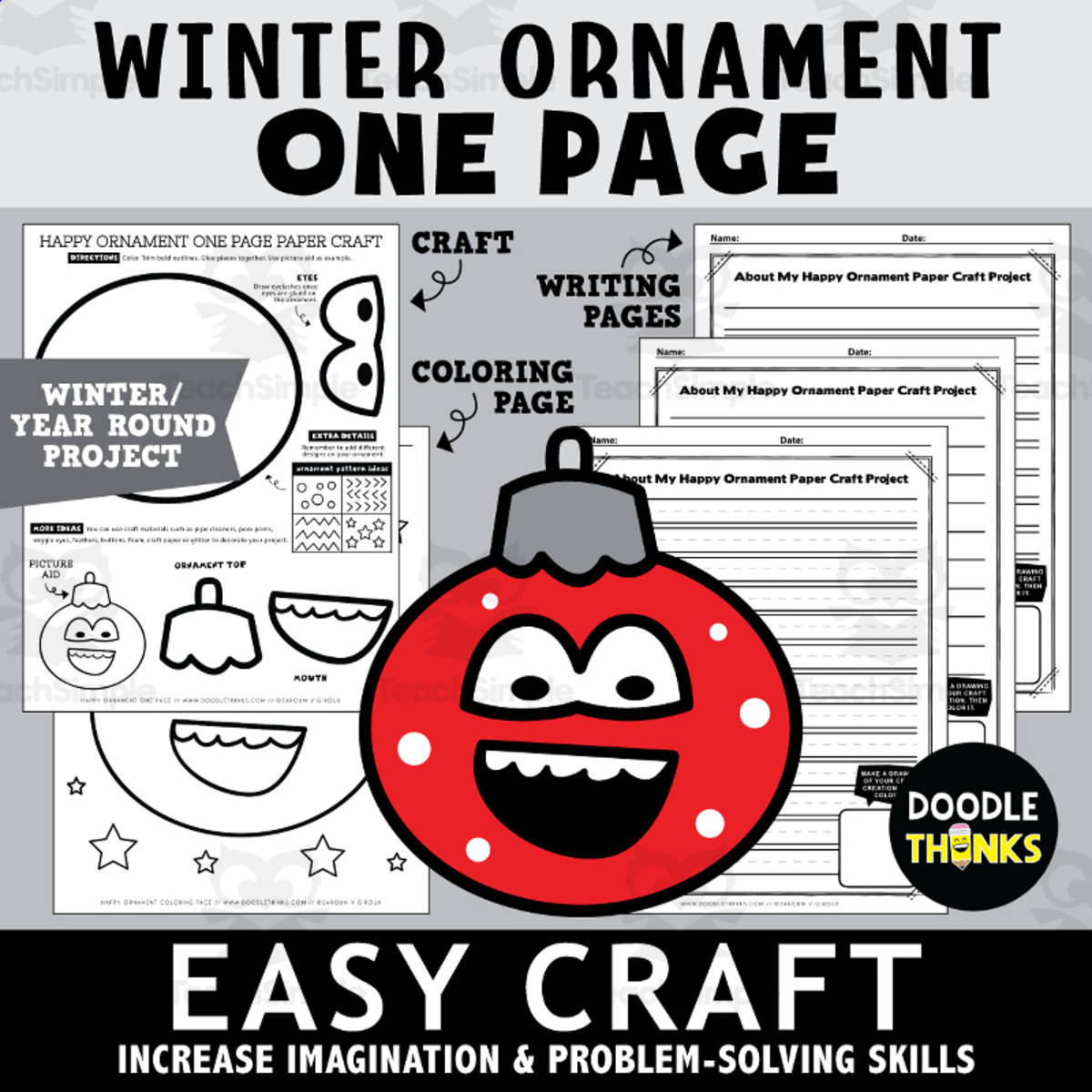 An educational teaching resource from Doodle Thinks entitled Winter Ornament Design One Page Paper Craft Art Activities downloadable at Teach Simple.