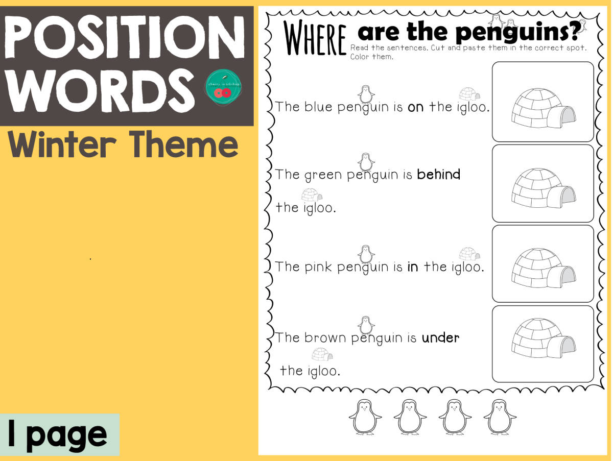 An educational teaching resource from Cherry Workshop entitled Winter Position Words downloadable at Teach Simple.