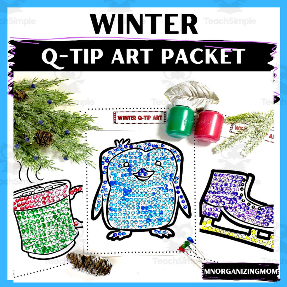 An educational teaching resource from mnorganizingmom entitled Winter Q-Tip Art Packet downloadable at Teach Simple.