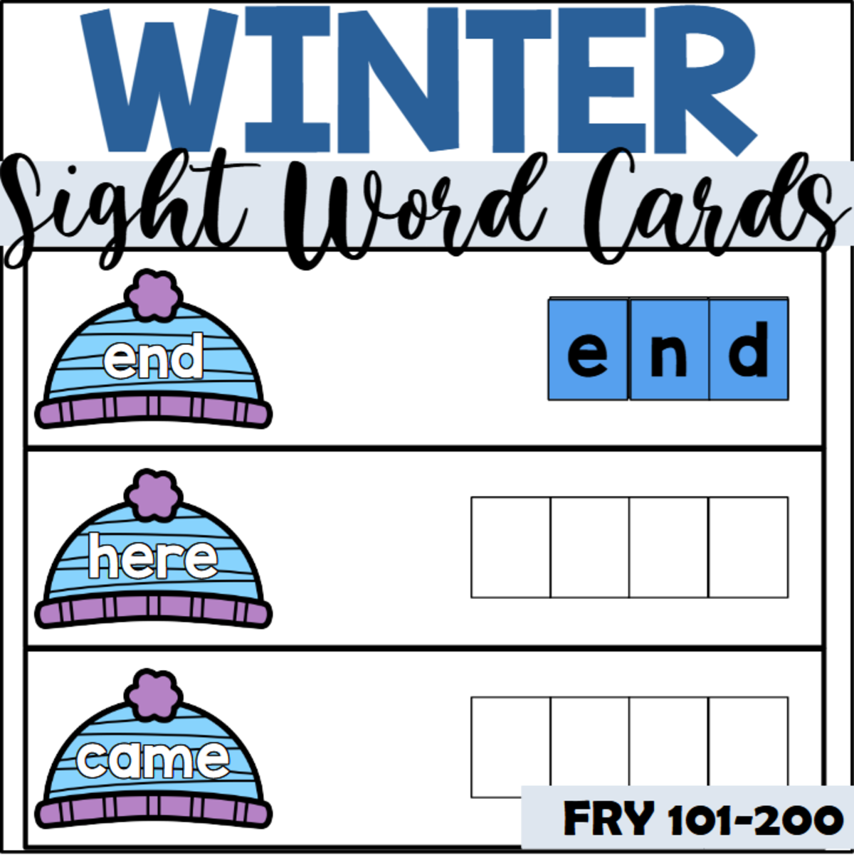 An educational teaching resource from The Connett Connection entitled Winter Sight Word Spelling Cards for Fry 101-200 downloadable at Teach Simple.