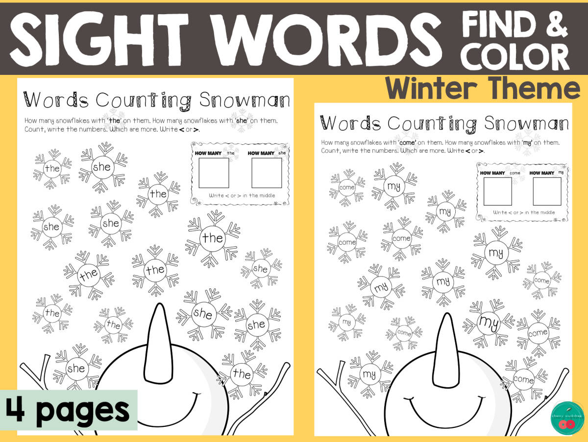 An educational teaching resource from Cherry Workshop entitled Winter Sight Words Find & Color downloadable at Teach Simple.