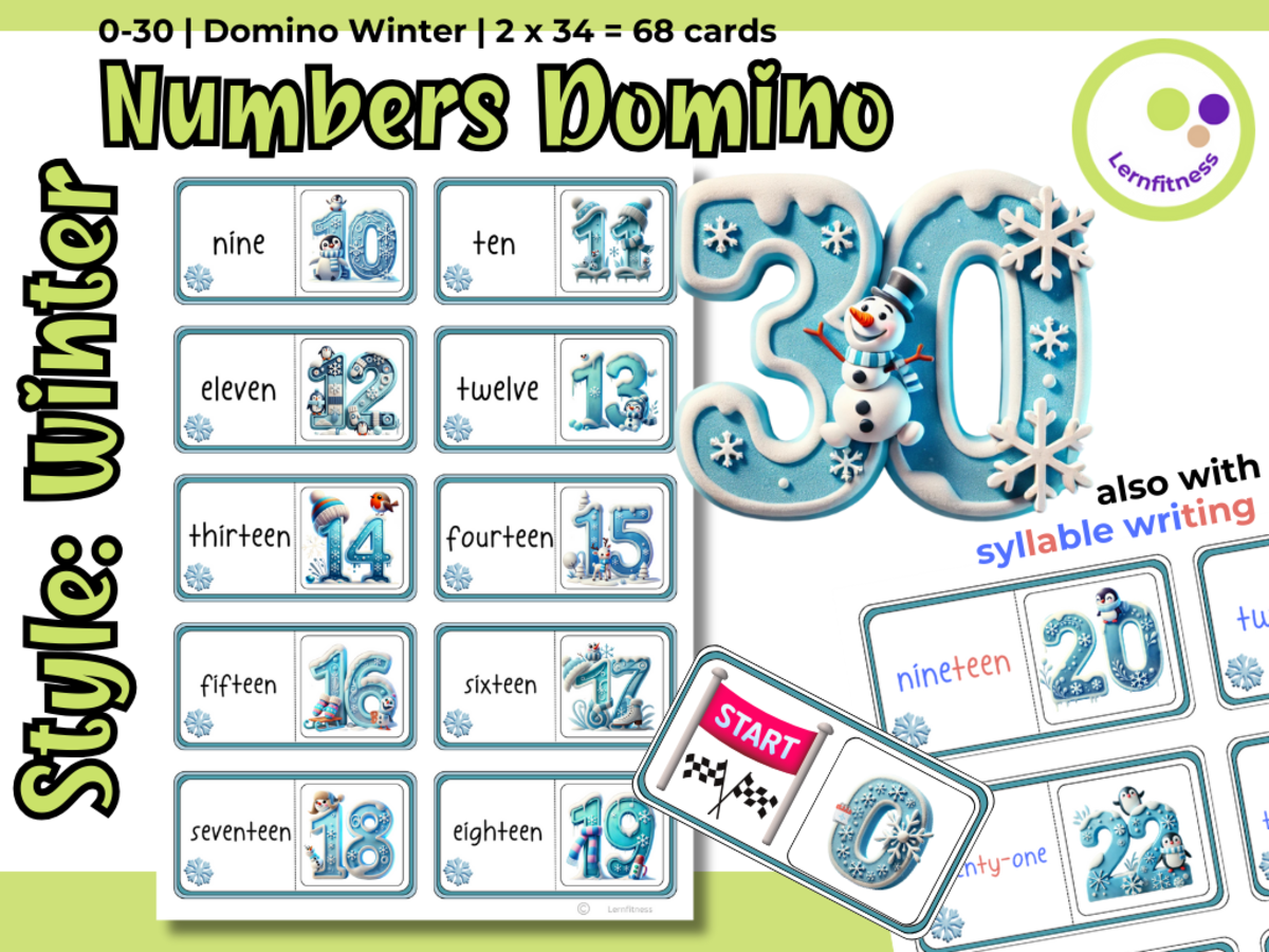 An educational teaching resource from Lernfitness entitled Winter-Themed Numbers Domino Game: Fun Learning for Elementary and ESL downloadable at Teach Simple.