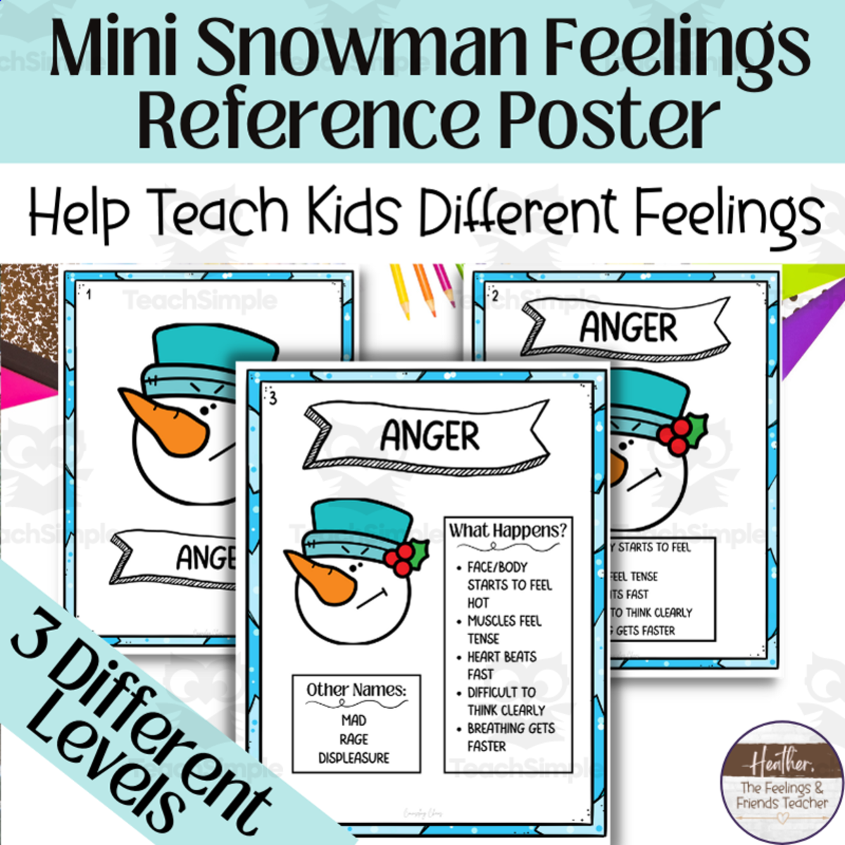 An educational teaching resource from The Feelings and Friends Teacher entitled Winter Themed Snowman Mini Emotions Reference Posters/Flash Cards downloadable at Teach Simple.