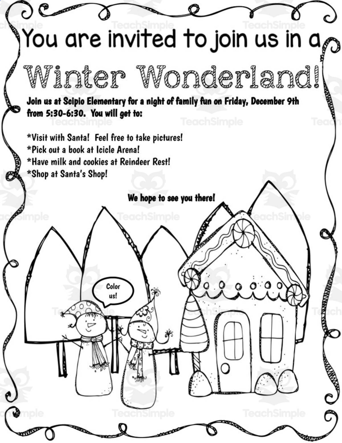An educational teaching resource from Hook Learn and Tinker entitled Winter Wonderland Invitation Set downloadable at Teach Simple.