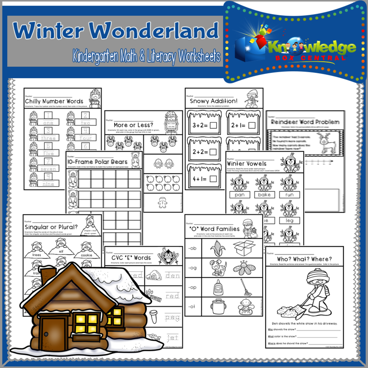 An educational teaching resource from Knowledge Box Central entitled Winter Wonderland Kindergarten Math & Literacy Worksheets - EBOOK downloadable at Teach Simple.