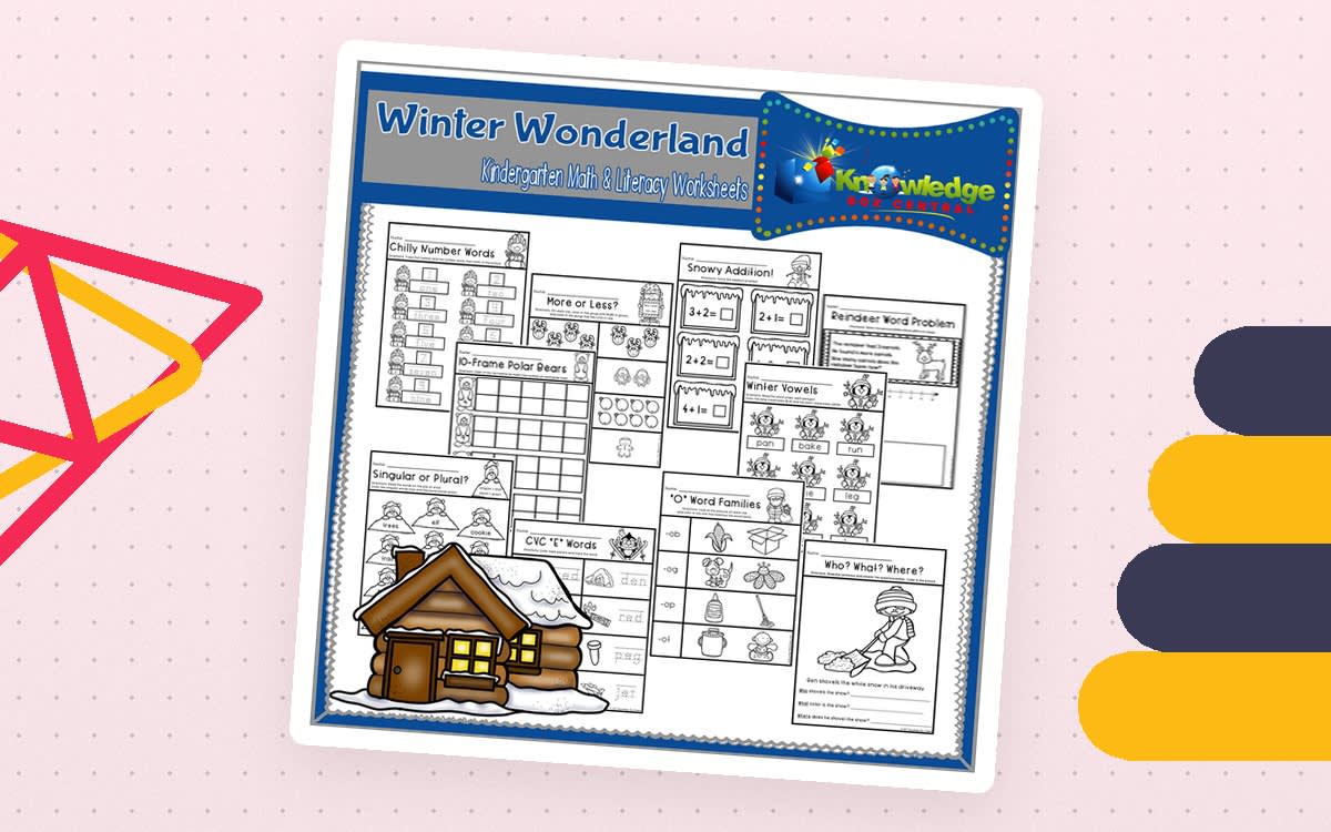 An educational teaching resource from Knowledge Box Central entitled Winter Wonderland Kindergarten Math & Literacy Worksheets - EBOOK downloadable at Teach Simple.