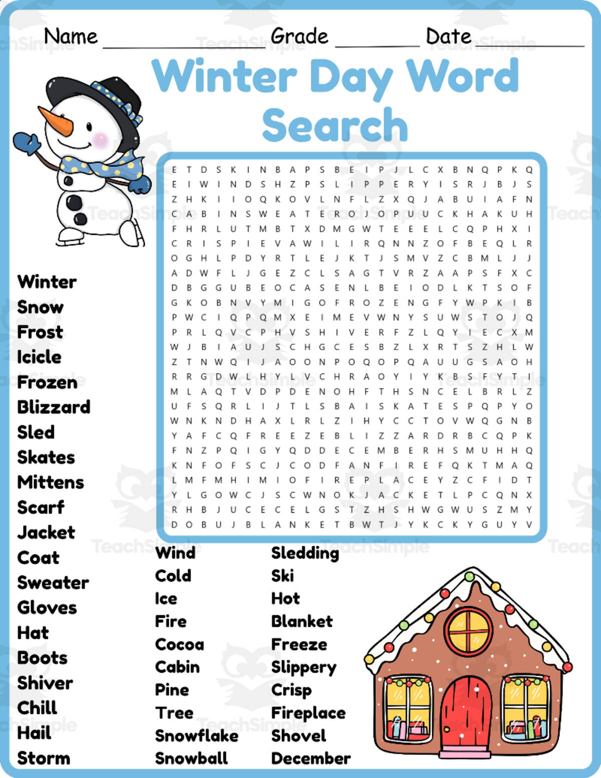 An educational teaching resource from Classsimple entitled Winter Word Search 2rd 3th 4th 5th Grade worksheet activity downloadable at Teach Simple.