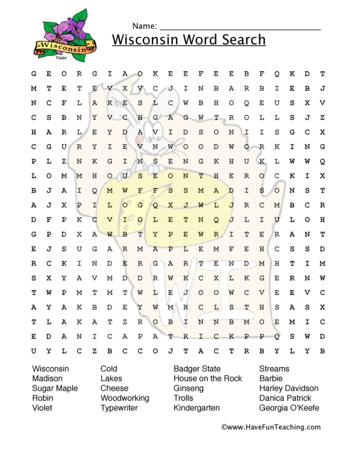 An educational teaching resource from Have Fun Teaching entitled Wisconsin Word Search Worksheet downloadable at Teach Simple.