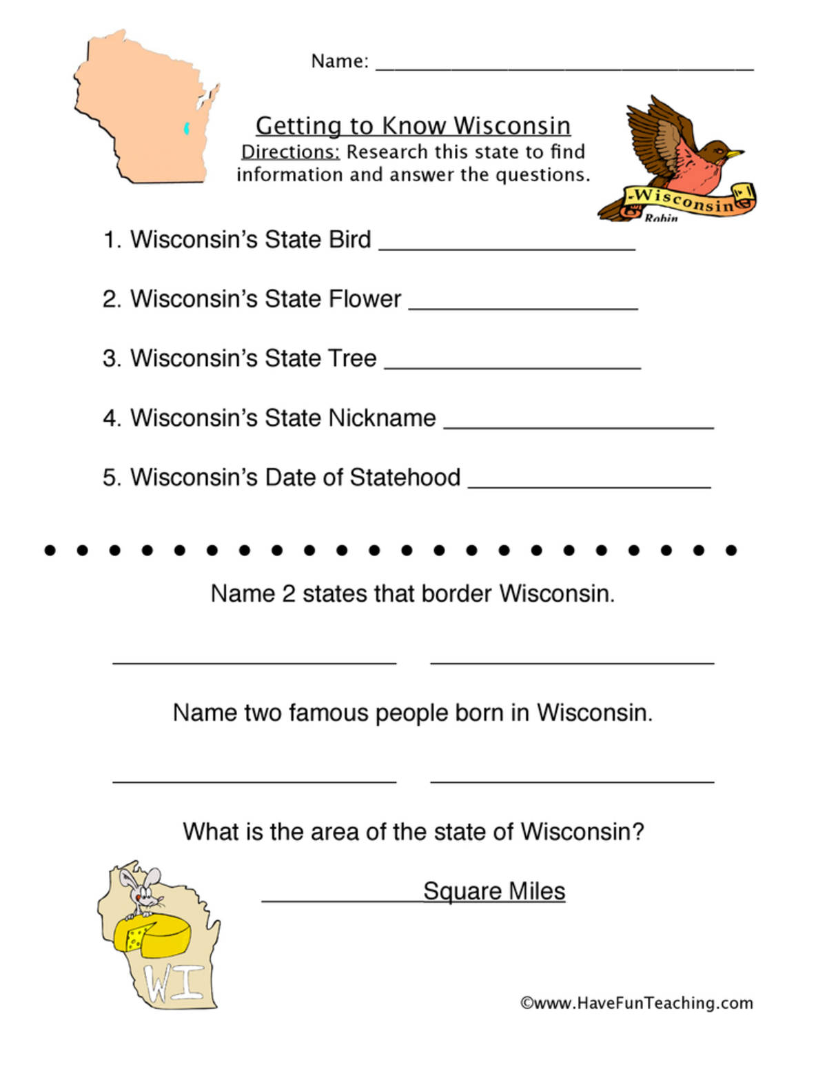 An educational teaching resource from Have Fun Teaching entitled Wisconsin Worksheet downloadable at Teach Simple.