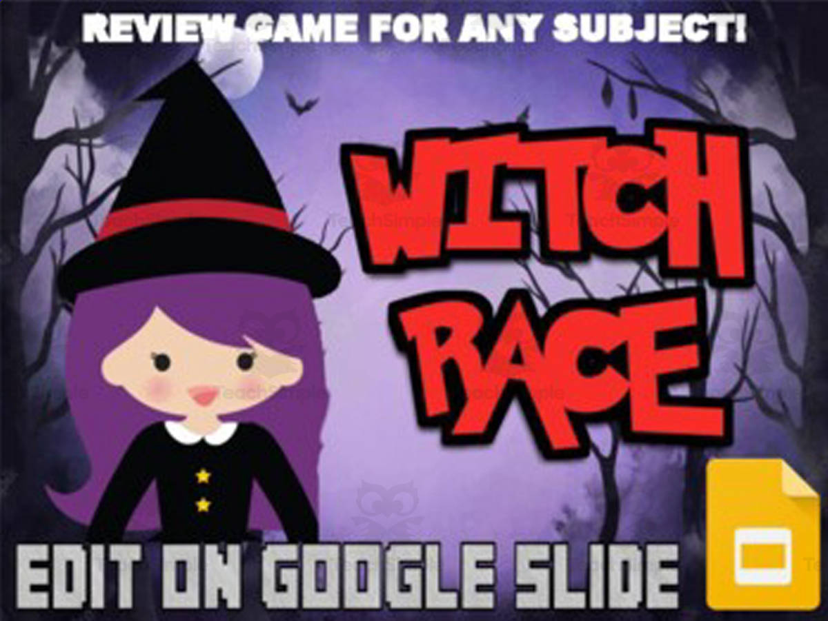 An educational teaching resource from Roombop entitled Witch Race Review Game (Google Slides) downloadable at Teach Simple.