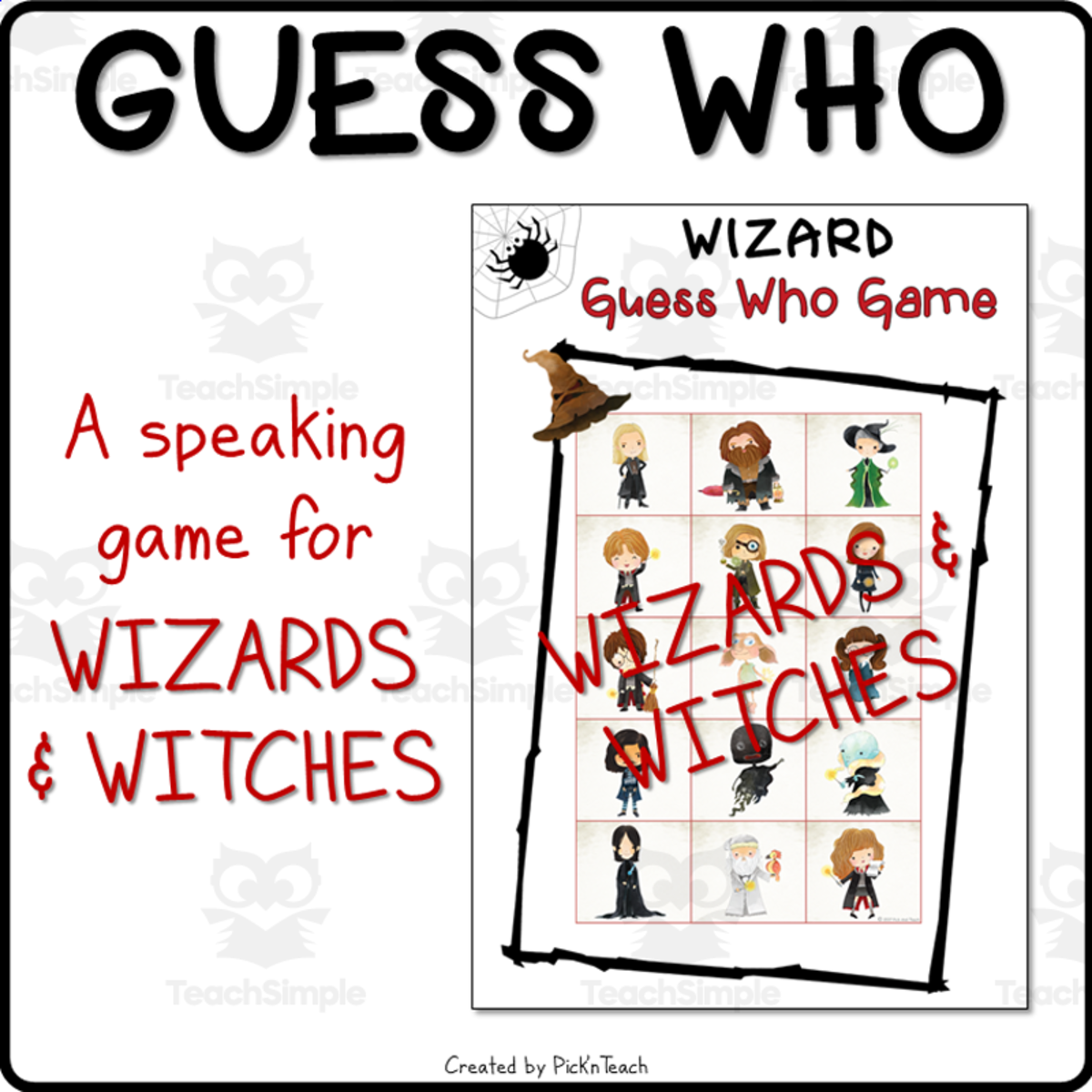 An educational teaching resource from Pick'n Teach entitled Wizardry Guess Who Game for Speaking Practice and Language Development downloadable at Teach Simple.