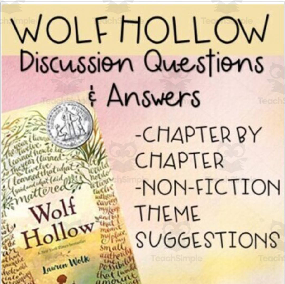 An educational teaching resource from Hey Teacher Shoppe entitled Wolf Hollow Discussion Questions downloadable at Teach Simple.