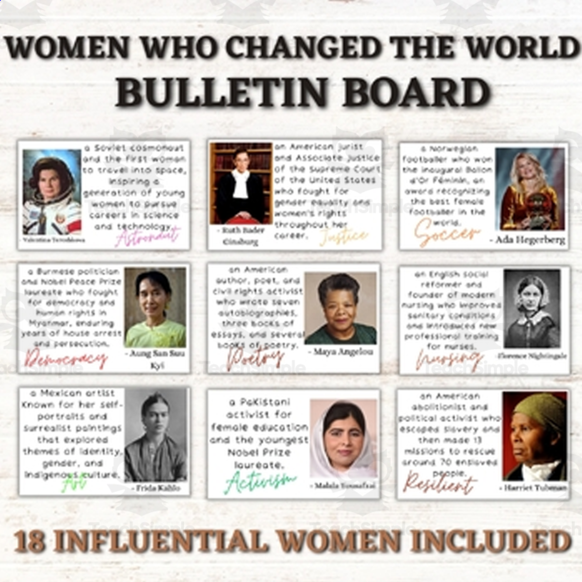 An educational teaching resource from Style Your Classroom entitled Women's History Month Bulletin Board Set | 18 Inspiring Biographies downloadable at Teach Simple.