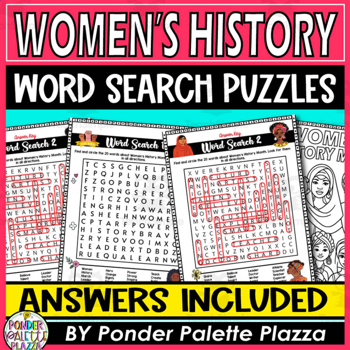 An educational teaching resource from Ponder Palette Plazza entitled Women's History Month Word Seach Puzzles - Women's Day downloadable at Teach Simple.