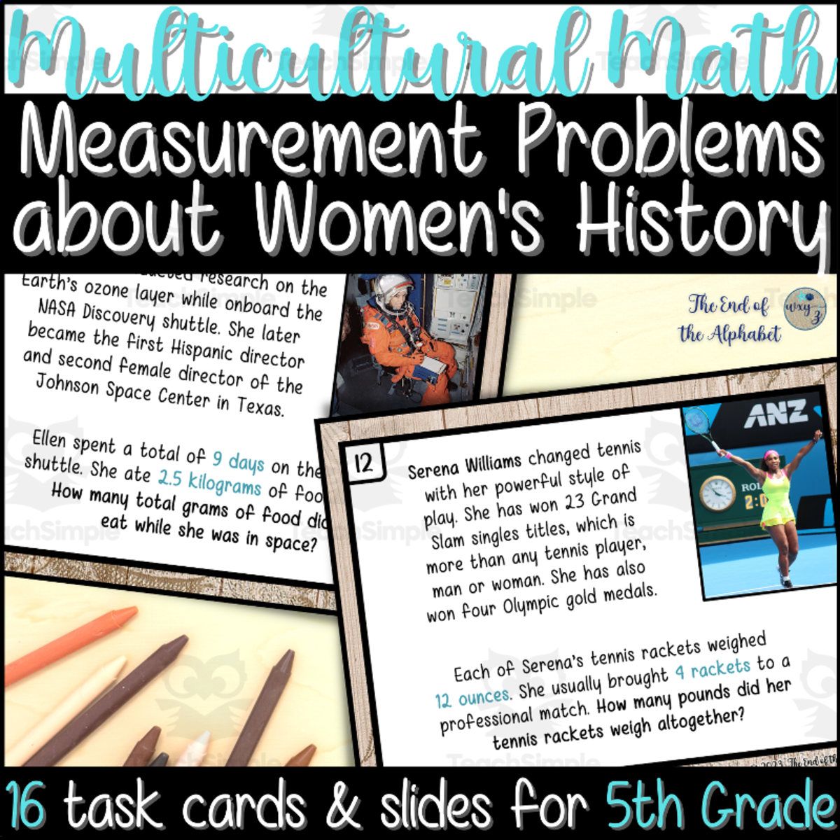 An educational teaching resource from The End of the Alphabet entitled Women's History: Multi-step Measurement Word Problems 5th Gr. downloadable at Teach Simple.