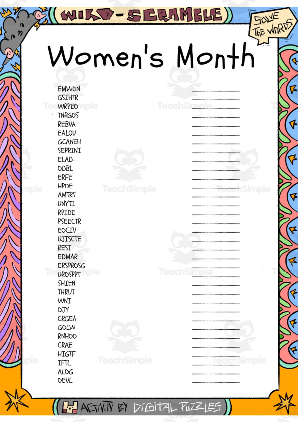 An educational teaching resource from Lapiiin Art Activities entitled Women's Month word Scramble puzzle worksheet downloadable at Teach Simple.