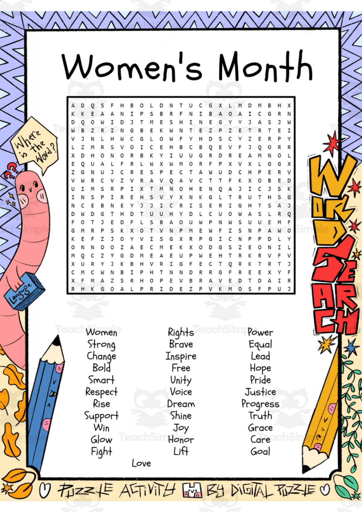 An educational teaching resource from Lapiiin Art Activities entitled Women's Month word search puzzle worksheet activity downloadable at Teach Simple.