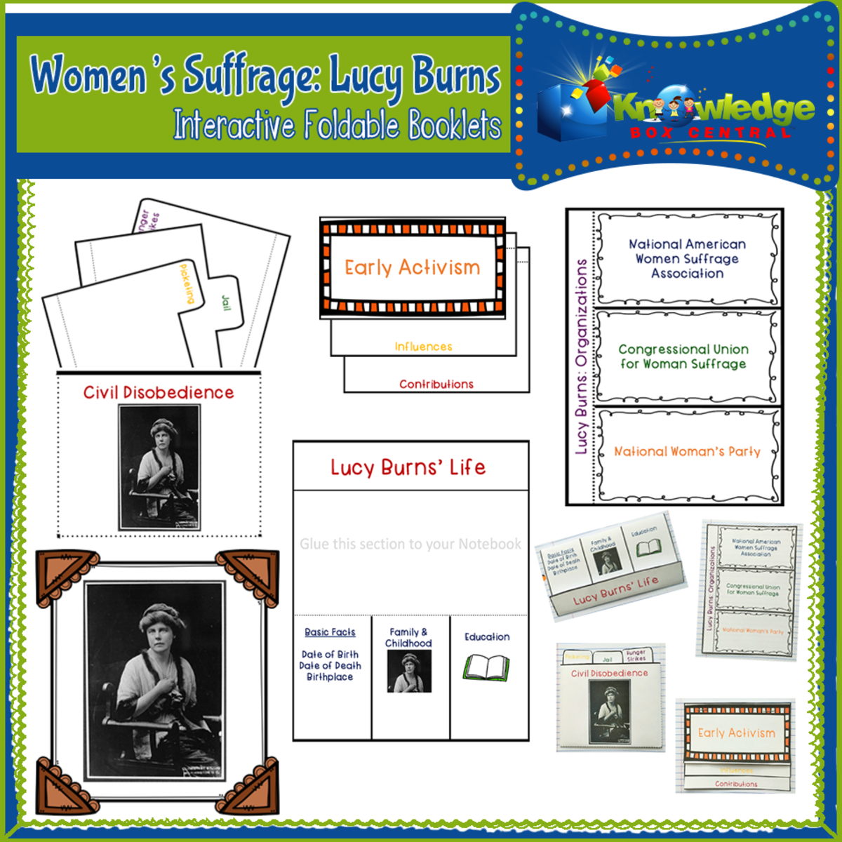 An educational teaching resource from Knowledge Box Central entitled Women's Suffrage: Lucy Burns Interactive Foldable Booklets – EBOOK downloadable at Teach Simple.