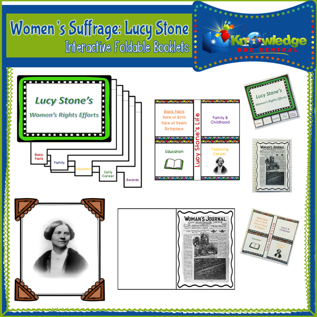 An educational teaching resource from Knowledge Box Central entitled Women's Suffrage: Lucy Stone Interactive Foldable Booklets - EBOOK downloadable at Teach Simple.