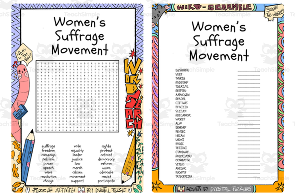 An educational teaching resource from Lapiiin Art Activities entitled Women’s Suffrage Movement word search and word scramble downloadable at Teach Simple.