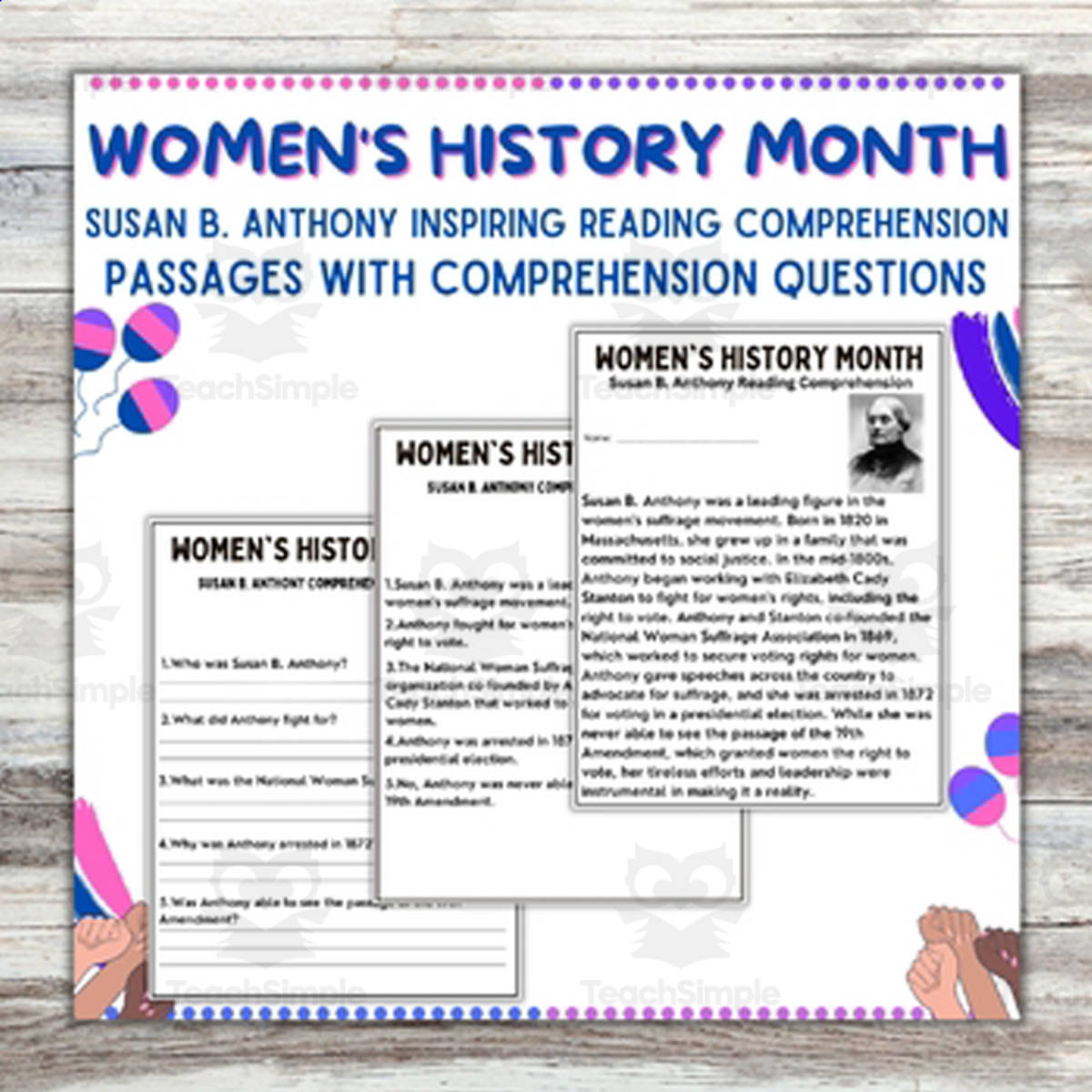 An educational teaching resource from Style Your Classroom entitled Women's Suffrage Reading Comprehension - The Life of Susan B. Anthony downloadable at Teach Simple.