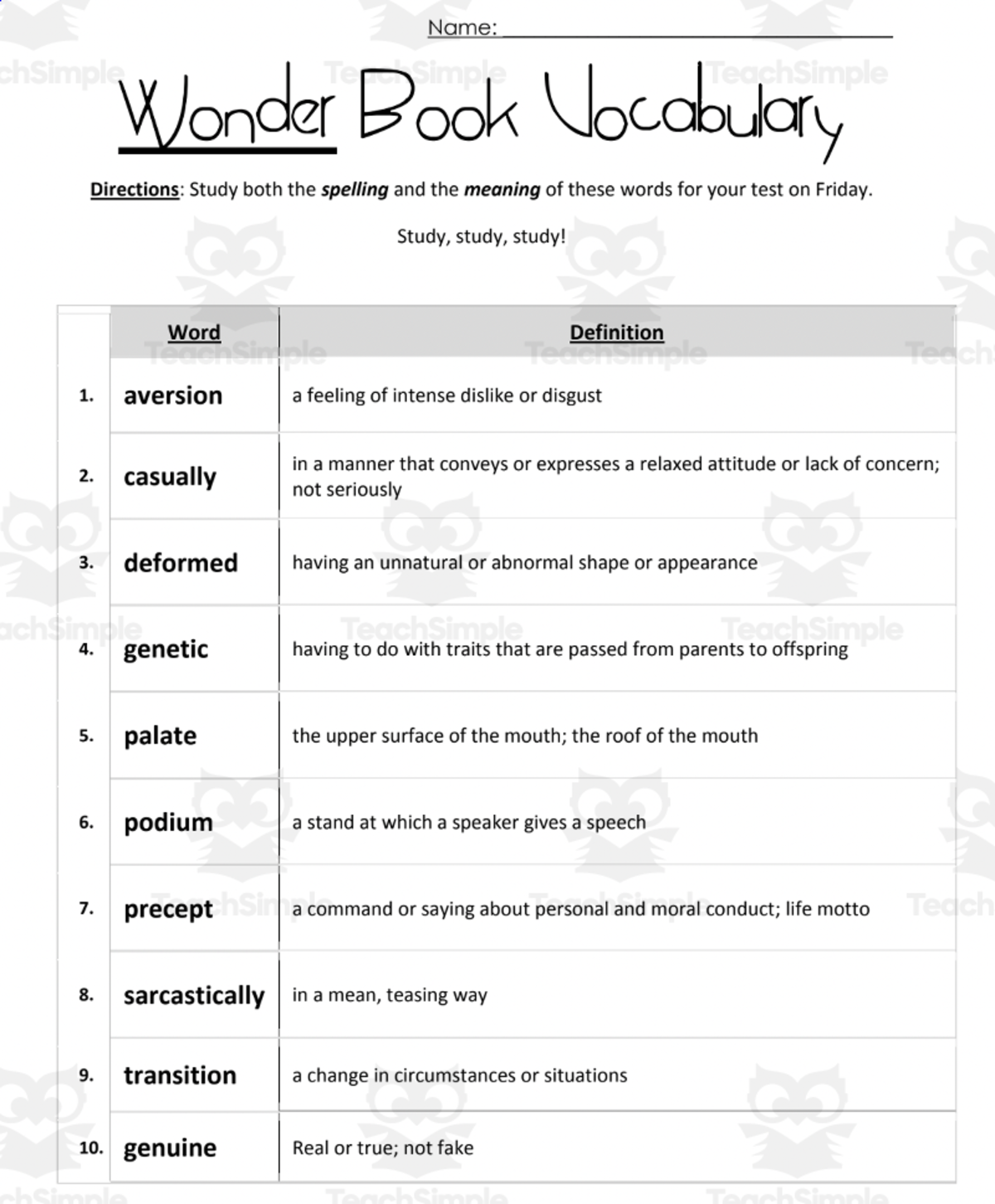 An educational teaching resource from The Language of Learning entitled Wonder by R.J. Palacio Vocabulary Study downloadable at Teach Simple.