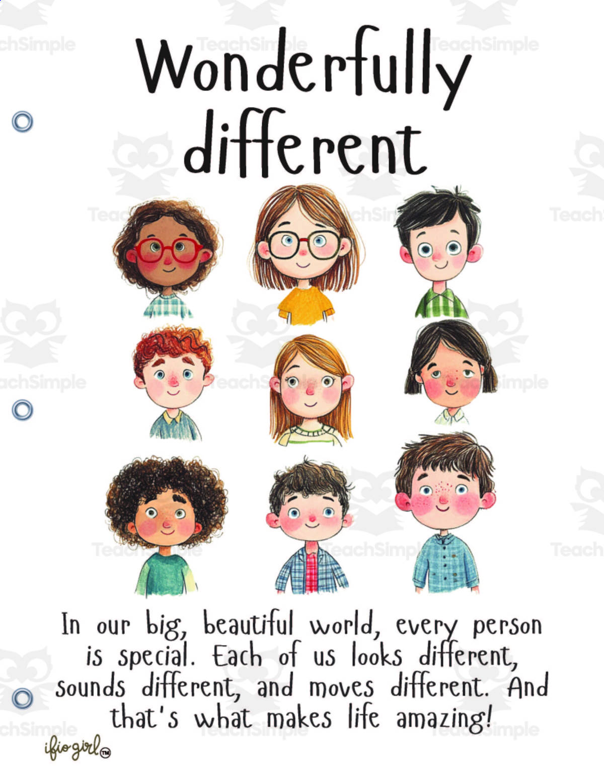 An educational teaching resource from IFIO girl - I'll Figure It Out entitled Wonderfully Different - early childhood book on diversity & inclusion downloadable at Teach Simple.