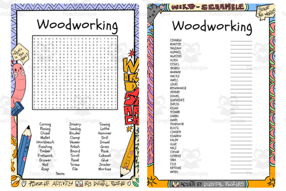 An educational teaching resource from Lapiiin Art Activities entitled Woodworking Day word search & scramble downloadable at Teach Simple.