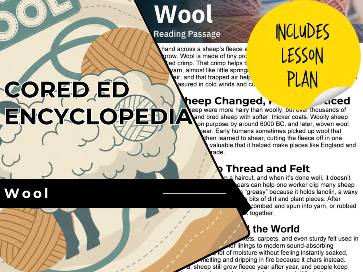 An educational teaching resource from Cored Education entitled Wool Reading Comprehension Passage - Cored Ed Encyclopedia downloadable at Teach Simple.