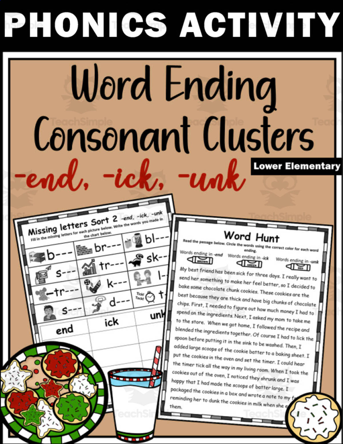 An educational teaching resource from Creatively Gifted entitled Word Ending Consonant Clusters Activity Packet | -end, -ick, -unk downloadable at Teach Simple.