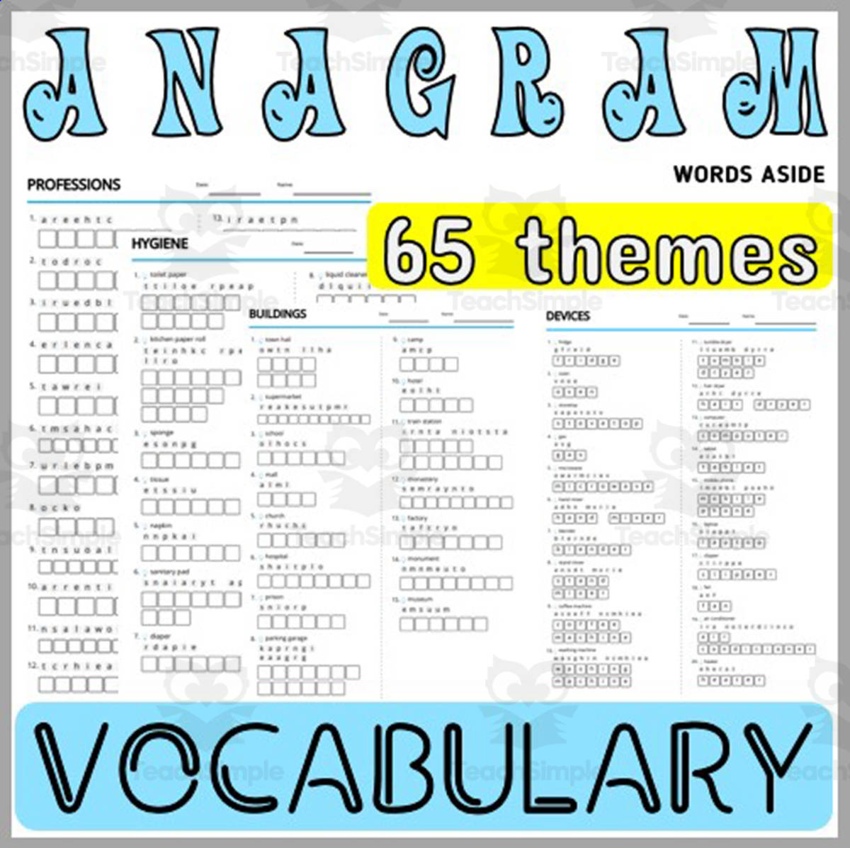 An educational teaching resource from WORDS ASIDE entitled Word Games with Puzzles Anagrams Themes downloadable at Teach Simple.