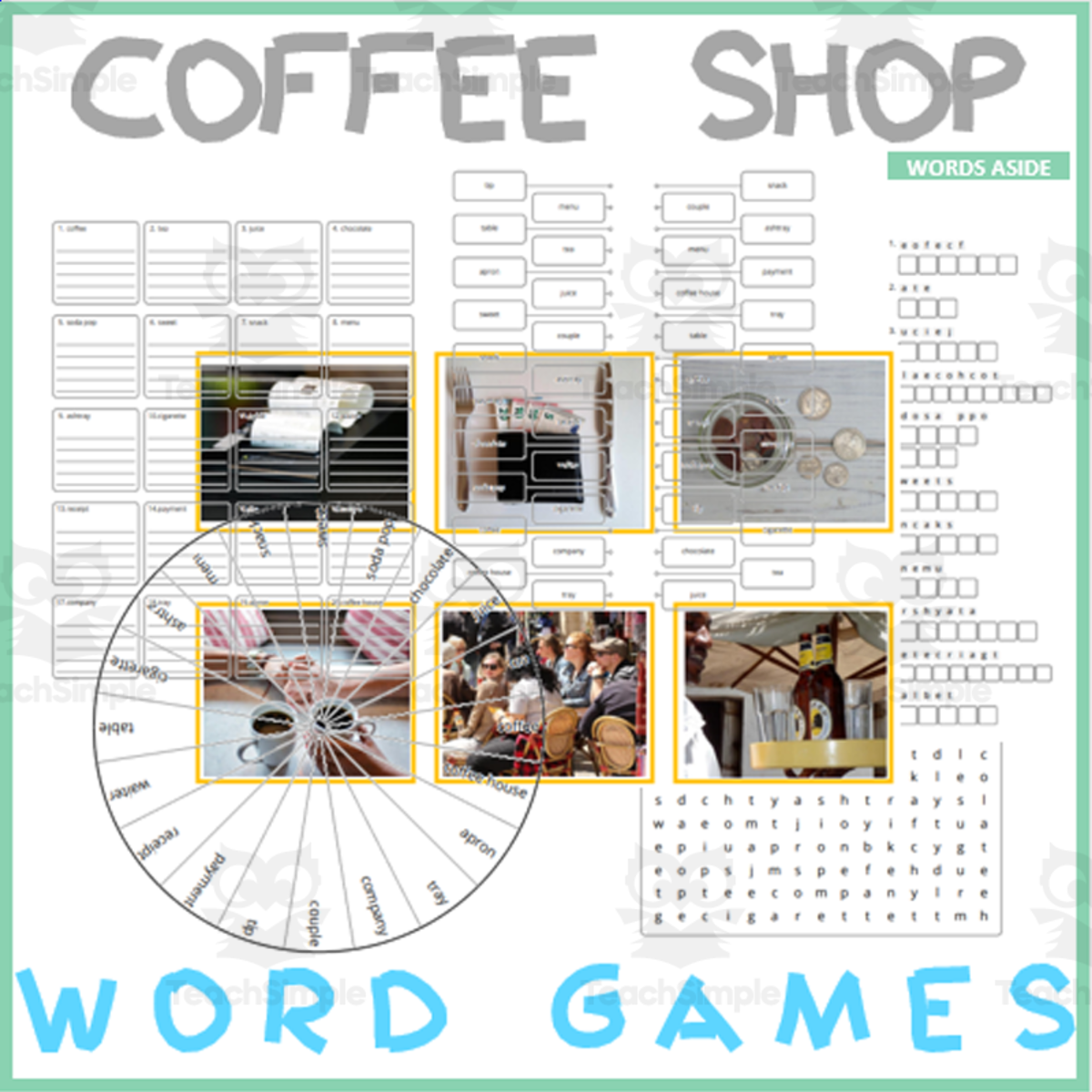 An educational teaching resource from WORDS ASIDE entitled Word Games with Puzzles | Crossword Wordsearch Anagram | CAFE downloadable at Teach Simple.