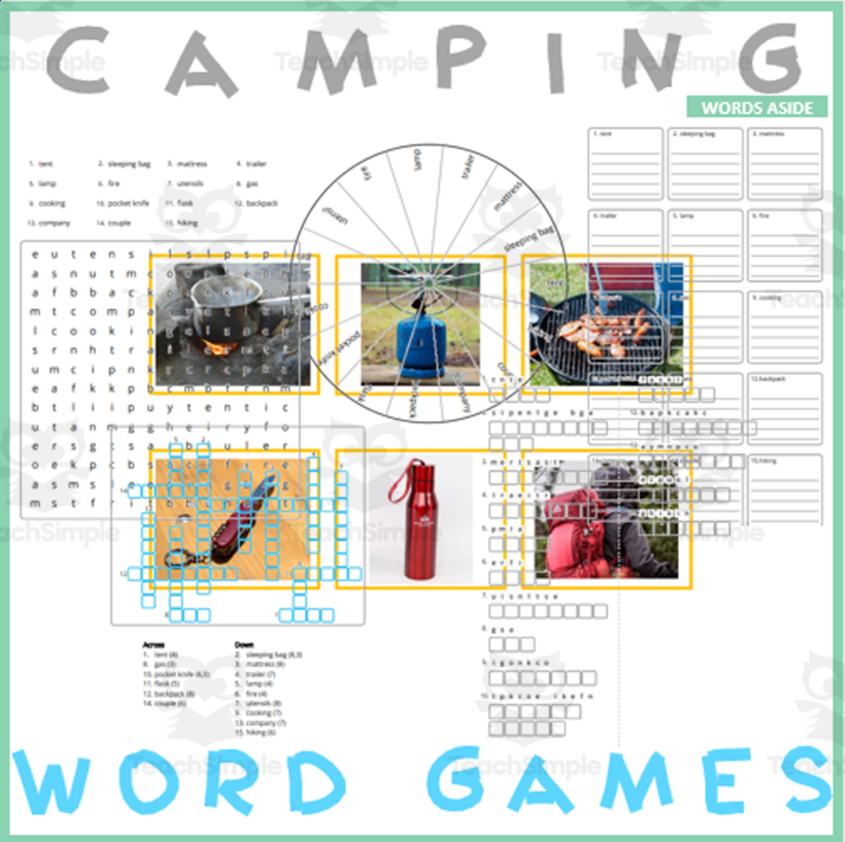An educational teaching resource from WORDS ASIDE entitled Word Games with Puzzles | Crossword Wordsearch Anagram | CAMPING downloadable at Teach Simple.