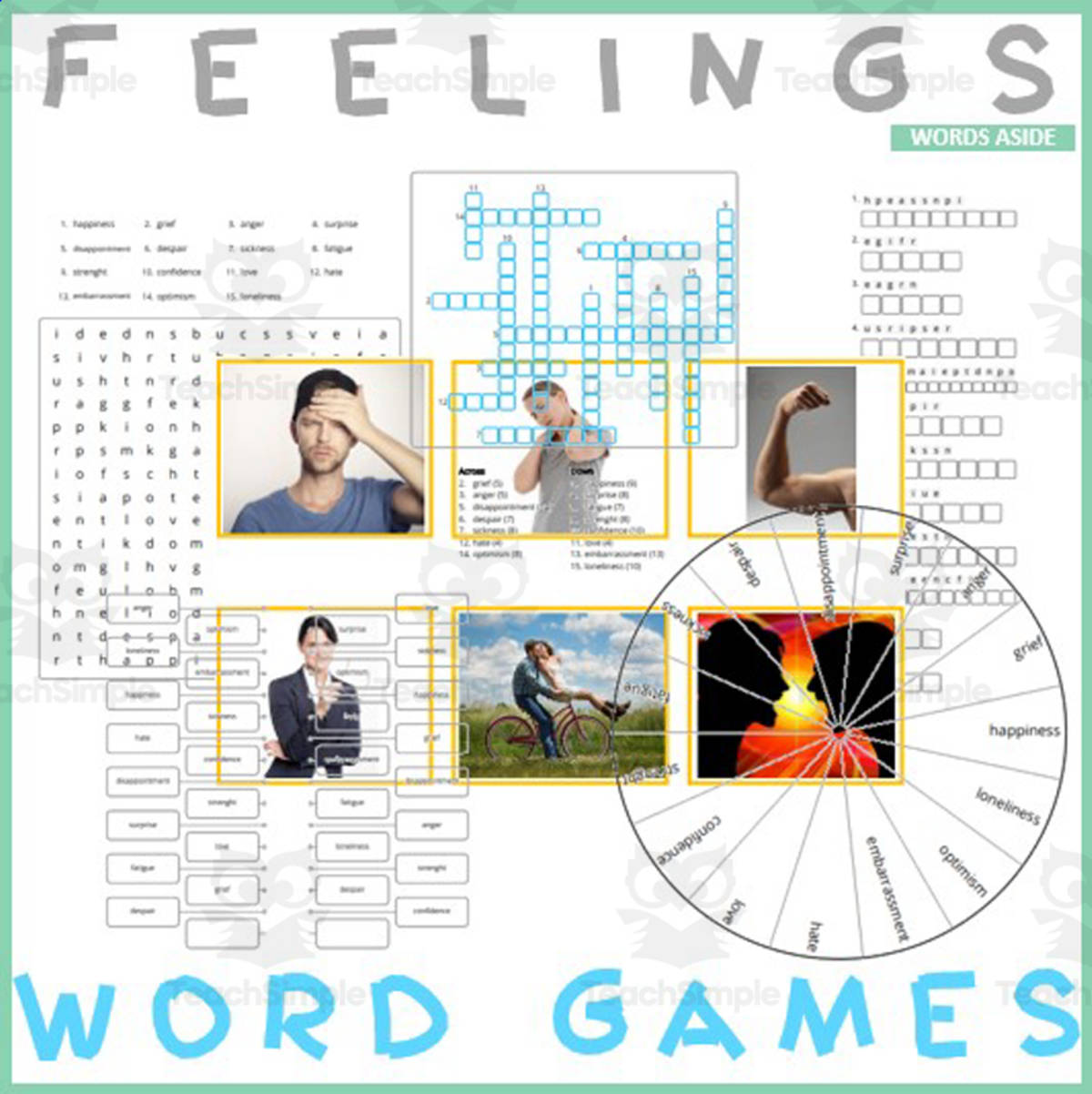 An educational teaching resource from WORDS ASIDE entitled Word Games with Puzzles | Crossword Wordsearch Anagram | FEELINGS downloadable at Teach Simple.