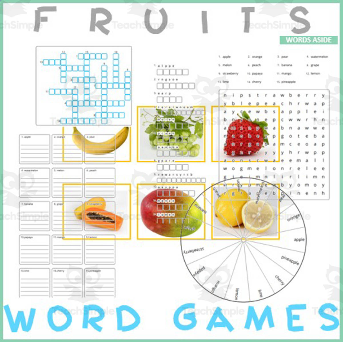 An educational teaching resource from WORDS ASIDE entitled Word Games with Puzzles | Crossword Wordsearch Anagram | FRUITS downloadable at Teach Simple.