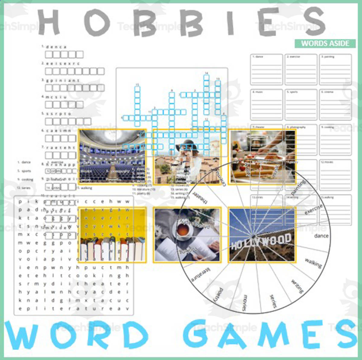 An educational teaching resource from WORDS ASIDE entitled Word Games with Puzzles | Crossword Wordsearch Anagram | HOBBIES downloadable at Teach Simple.