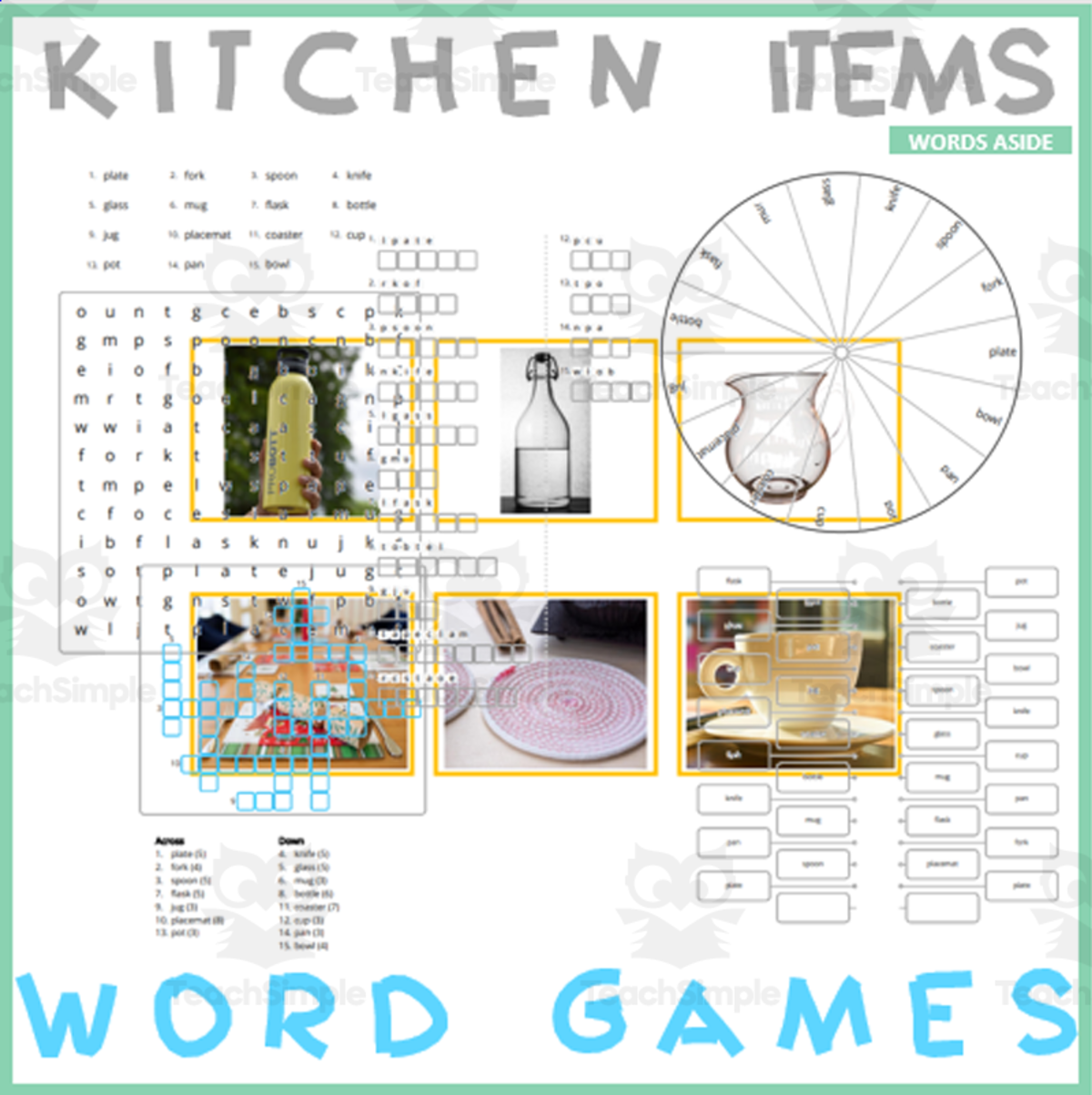 An educational teaching resource from WORDS ASIDE entitled Word Games with Puzzles | Crossword Wordsearch Anagram | KITCHEN ITEMS downloadable at Teach Simple.
