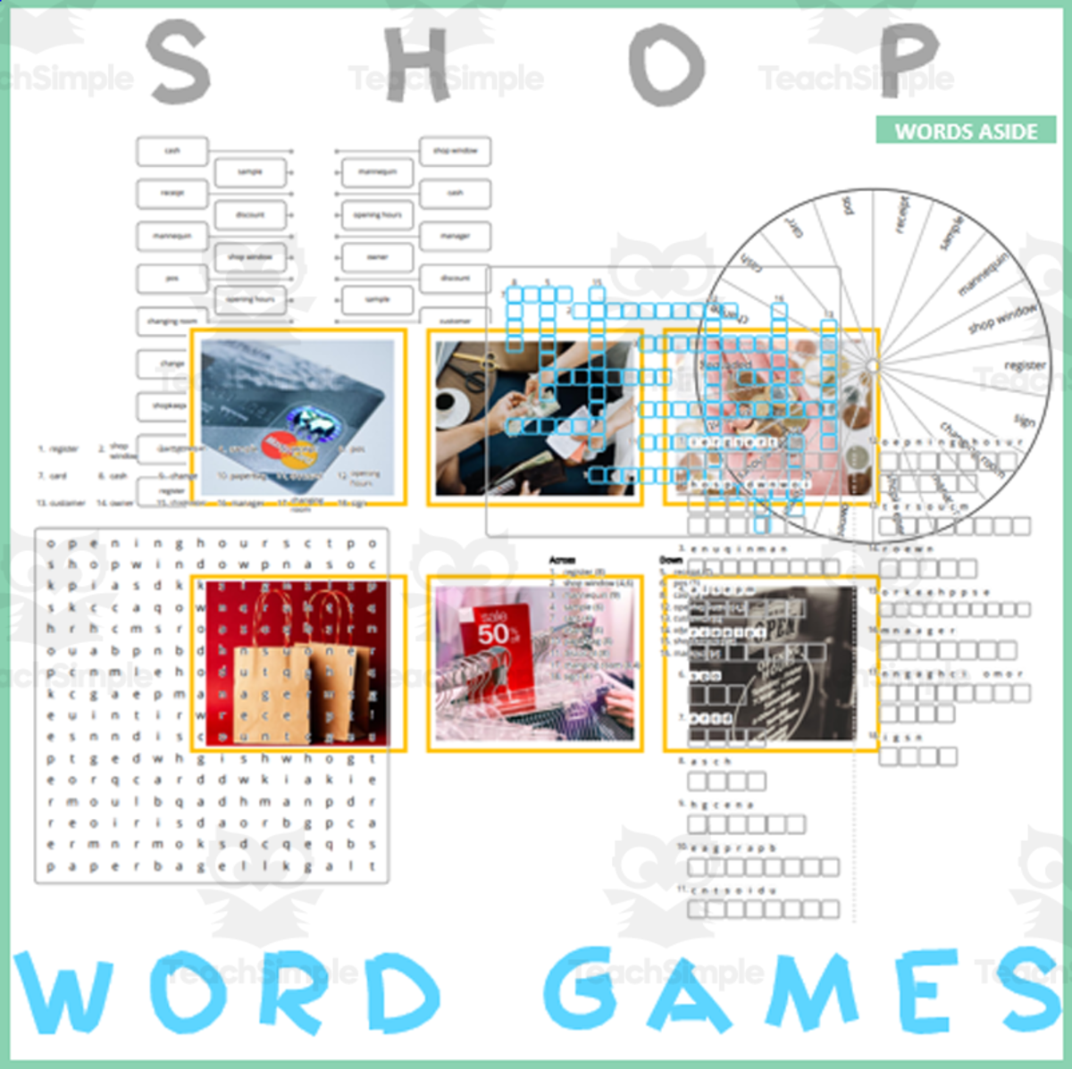 An educational teaching resource from WORDS ASIDE entitled Word Games with Puzzles | Crossword Wordsearch Anagram | SHOP downloadable at Teach Simple.