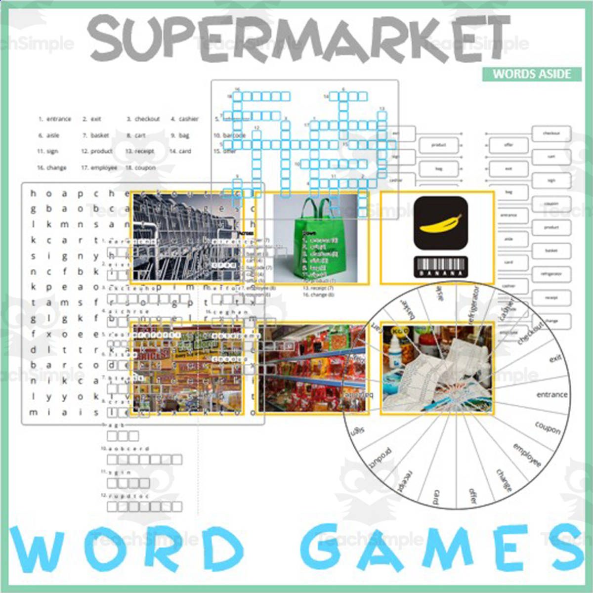An educational teaching resource from WORDS ASIDE entitled Word Games with Puzzles | Crossword Wordsearch Anagram | SUPERMARKET downloadable at Teach Simple.