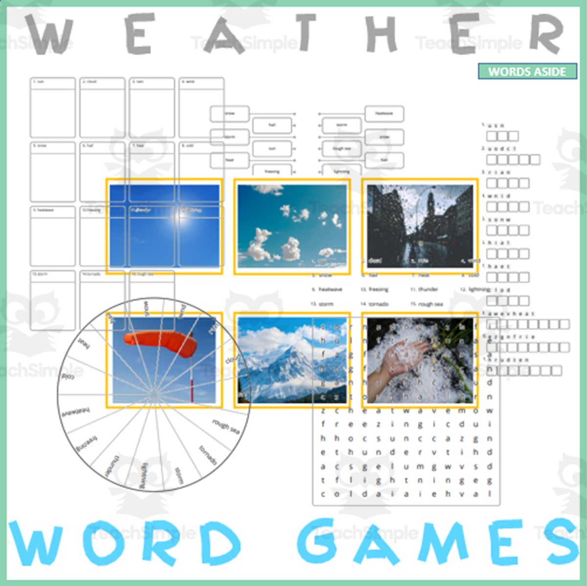 An educational teaching resource from WORDS ASIDE entitled Word Games with Puzzles | Crossword Wordsearch Anagram | WEATHER downloadable at Teach Simple.