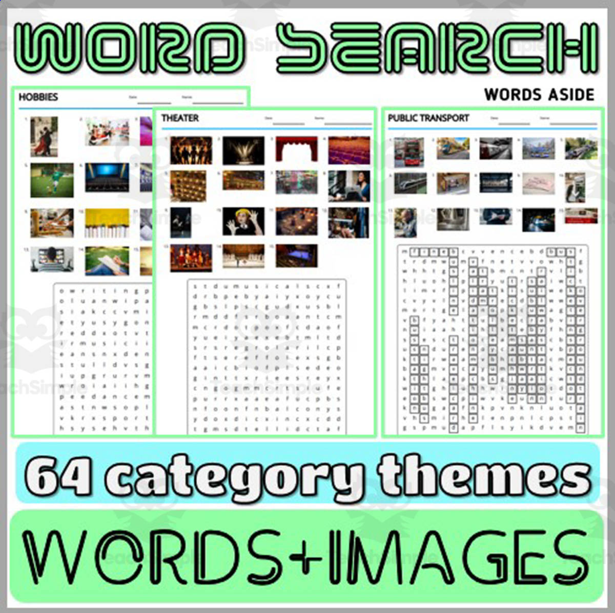 An educational teaching resource from WORDS ASIDE entitled Word Games with Puzzles Word Search Themes downloadable at Teach Simple.